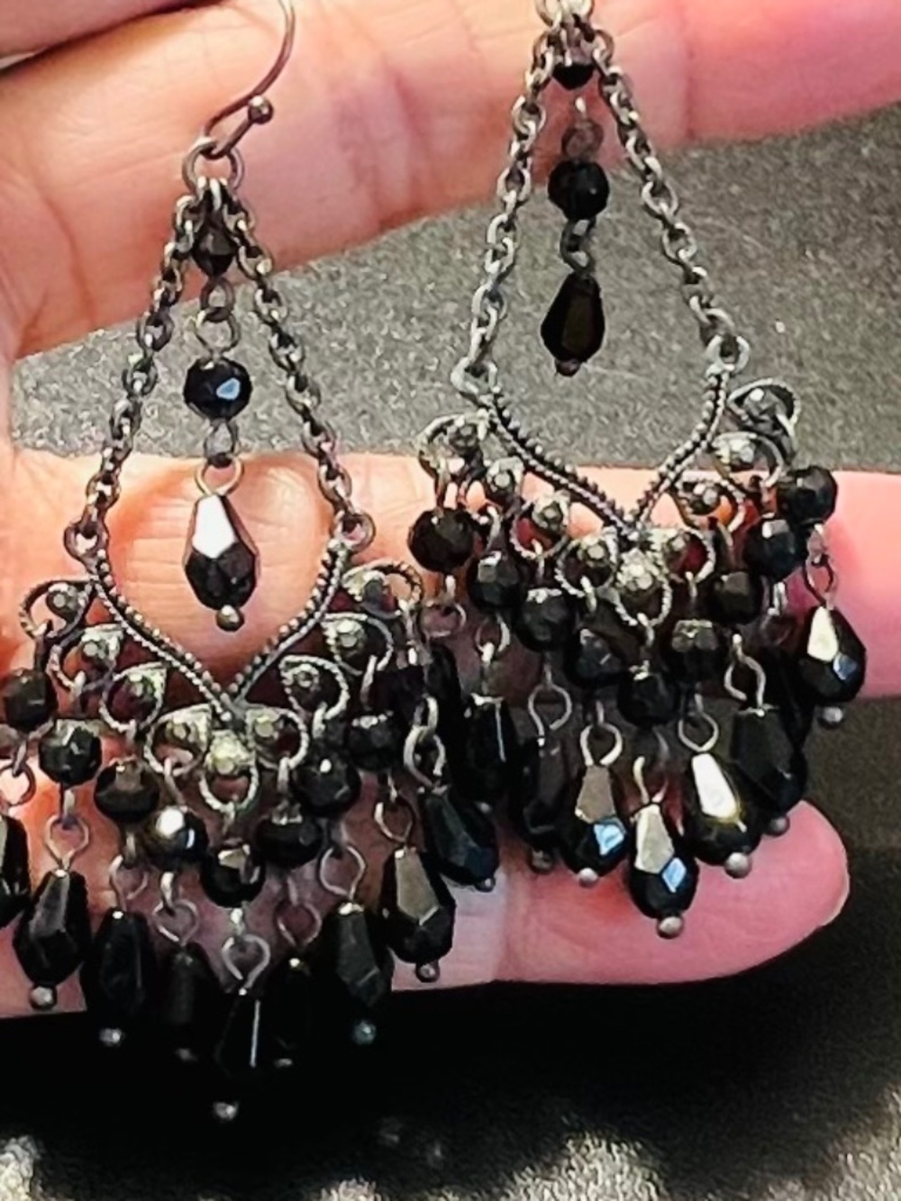 Vintage Inspired Jet Black Chandelier Teardrop Faceted French Hook  Earrings